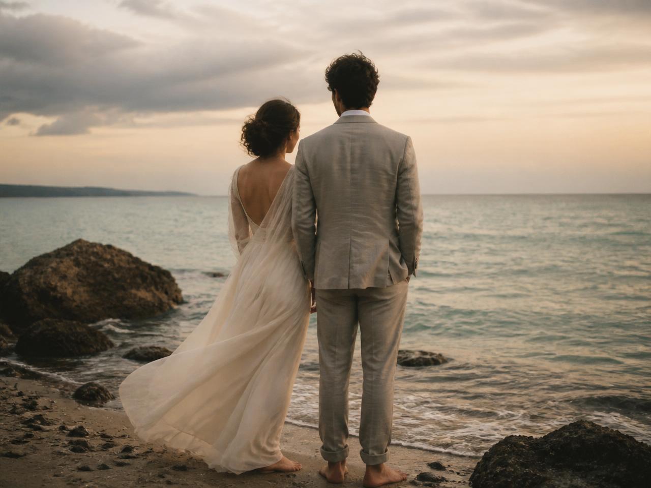 Sposi di spalle davanti al mare al tramonto
